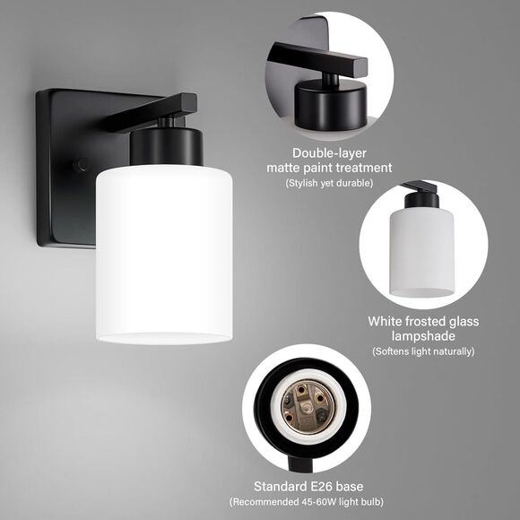 Bathroom Light Fixtures, Matte Black Wall Sconce with Milky White Glass Shade - Picture 7 of 8